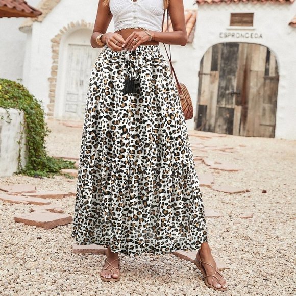 Leopard Print Preppy Womens Fringe Detail Maxi Skirt - Picture 4 of 4